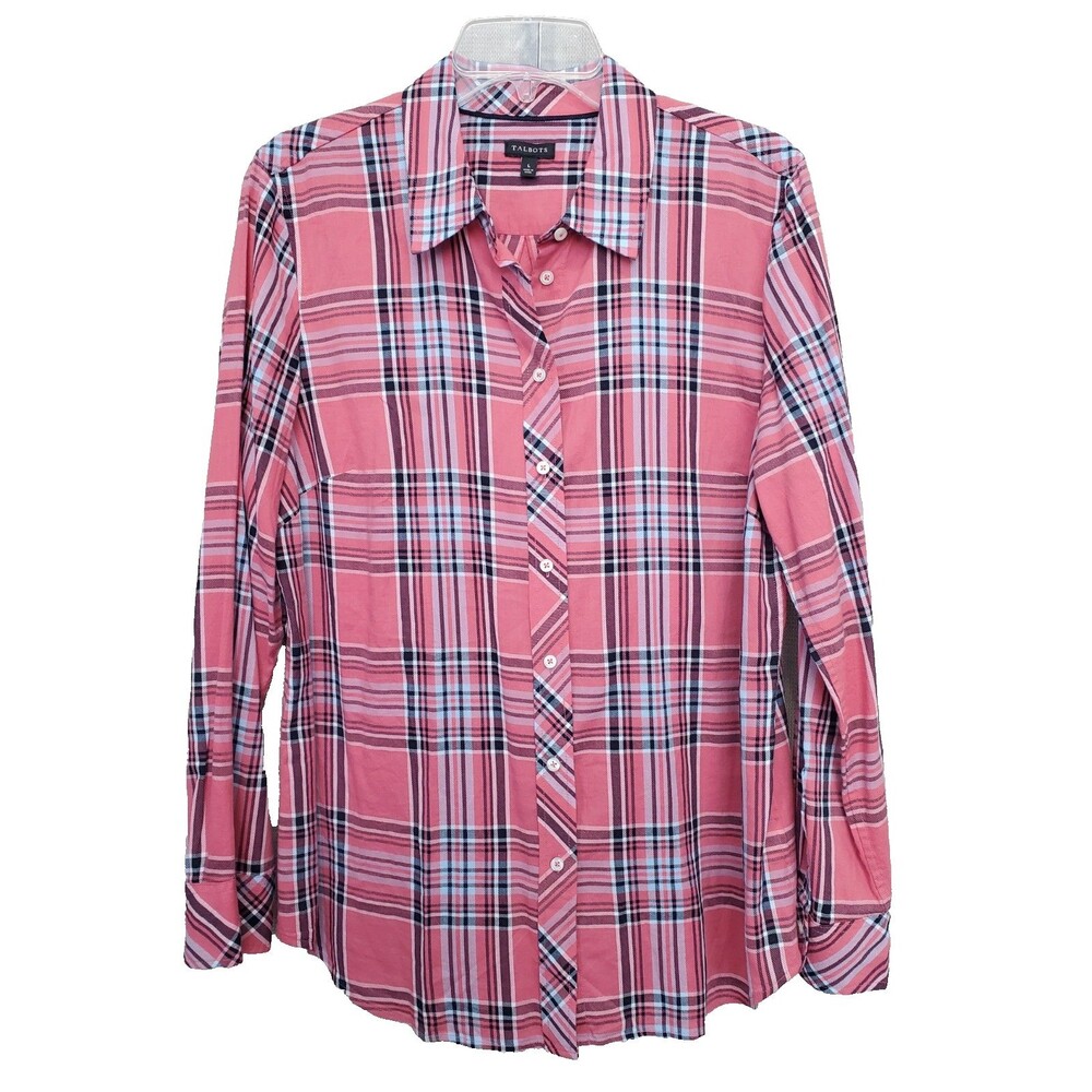 Talbots Cotton/Rayon Multicolor Plaid Long Sleeve Button-Up Top Size Large